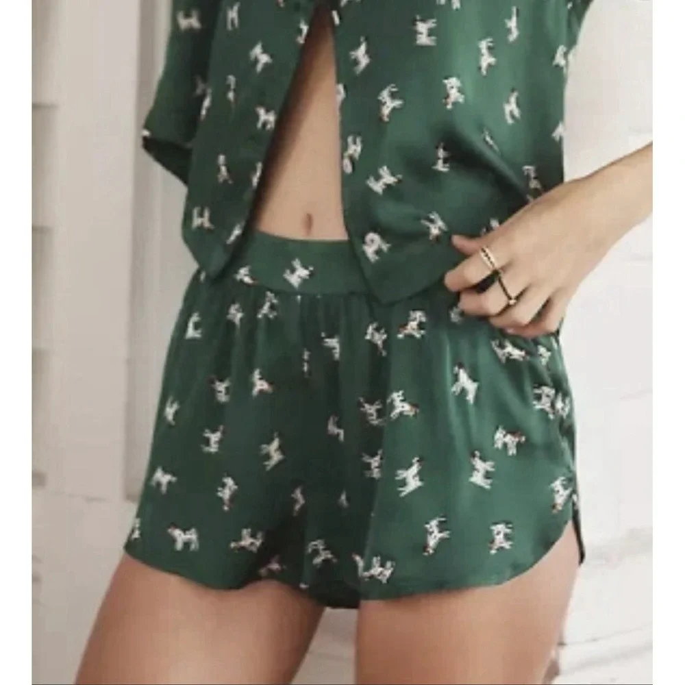Anthropologie‎ Silky Pajama Sleep Short Size Small Green w Spotted Dog Lyrebird